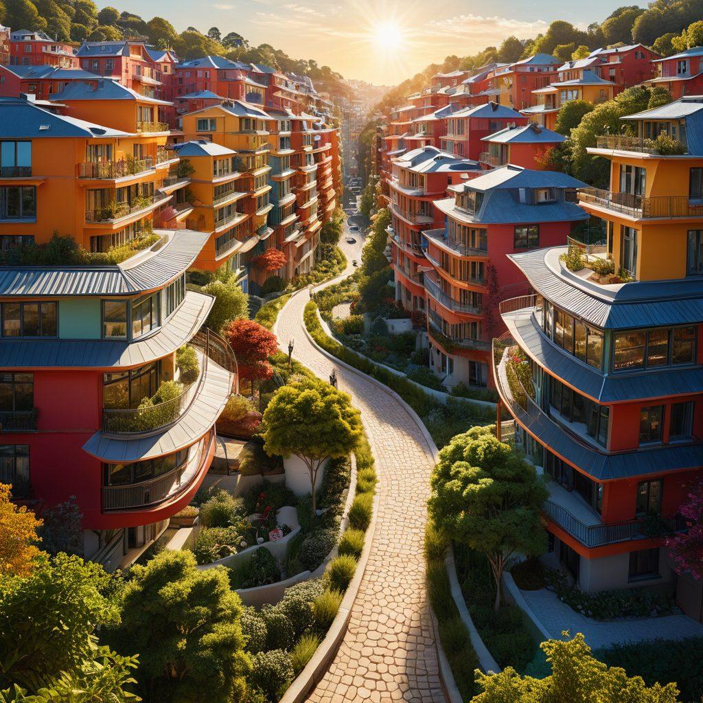 A sprawling cityscape featuring diverse property types like modern apartments, traditional houses, and commercial buildings, all interconnected with winding pathways leading to a bright sunlit horizon. Include elements like magnifying glasses and upward arrows to symbolize investment and exploration. The composition should feel dynamic and inviting, suggesting opportunity and growth. vibrant colors. super-realistic.