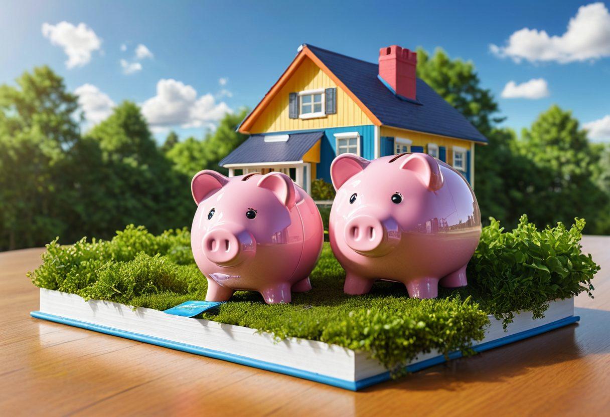 A key unlocking a house shaped like a piggy bank, surrounded by lush greenery and blue skies, representing financial growth and investments. A diverse group of happy buyers and investors are reviewing housing plans and discussing strategies, with charts and graphs floating in the background. The scene is vibrant and inviting, emphasizing opportunity and success. super-realistic. vibrant colors. clear blue sky.
