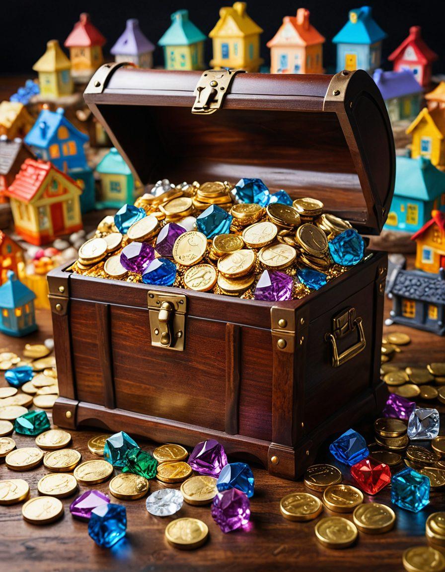 A treasure chest overflowing with gold coins and gems, symbolizing real estate investments, surrounded by auction paddles and miniature houses. In the background, a gavel symbolizes the auction process, with a bright light illuminating the scene, representing opportunity. The atmosphere is dynamic and inviting, inviting viewers to explore the world of property investments. vibrant colors. super-realistic.